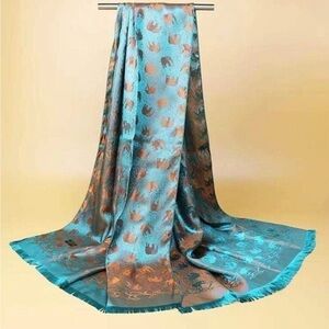 SW India 100% Silk Shawl Wrap Iridescent Elephant Long Teal Orange Scarf27 X 70”
